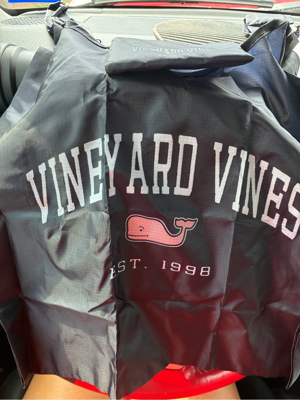 Vineyard Vines navy reusable fold away shopping bag.